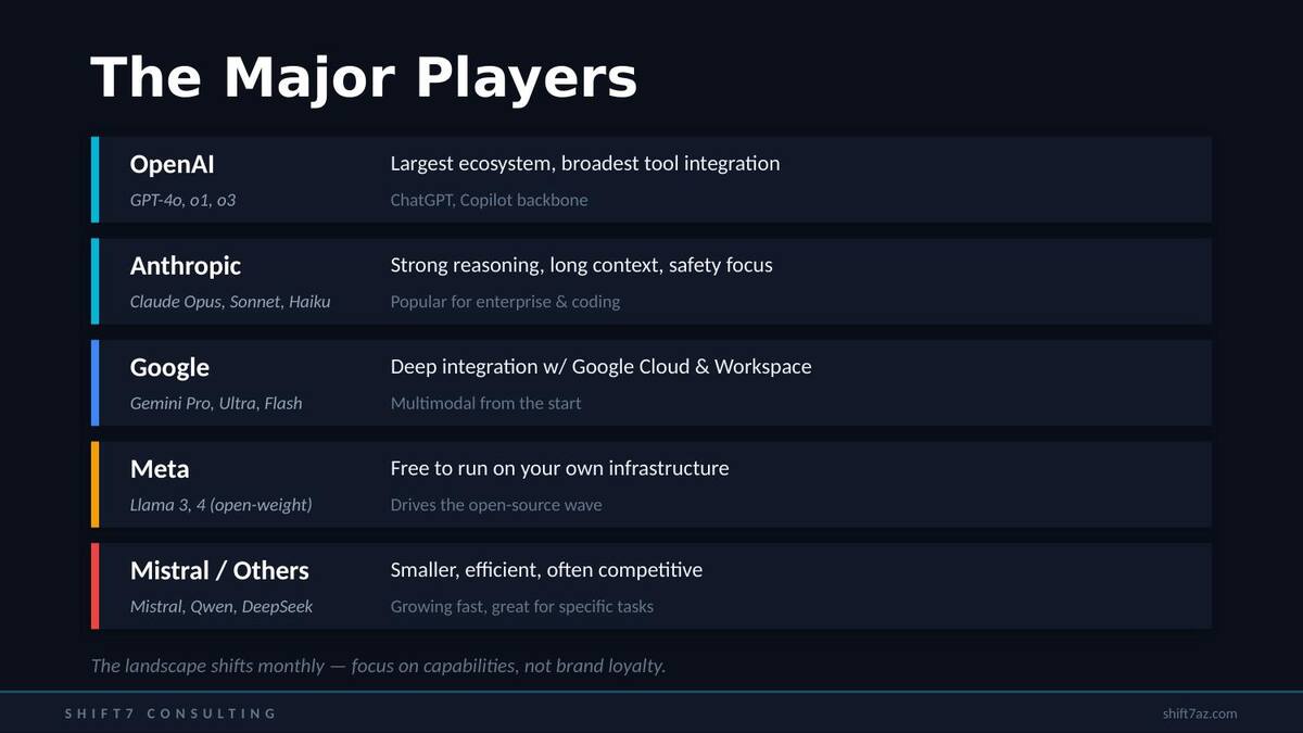 The five major AI players: OpenAI, Anthropic, Google, Meta, and Mistral/Others